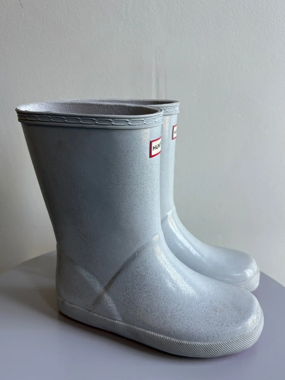 Hunter Rain Boots, Sparkly Silver w Pink Soles. Size 13. Like New